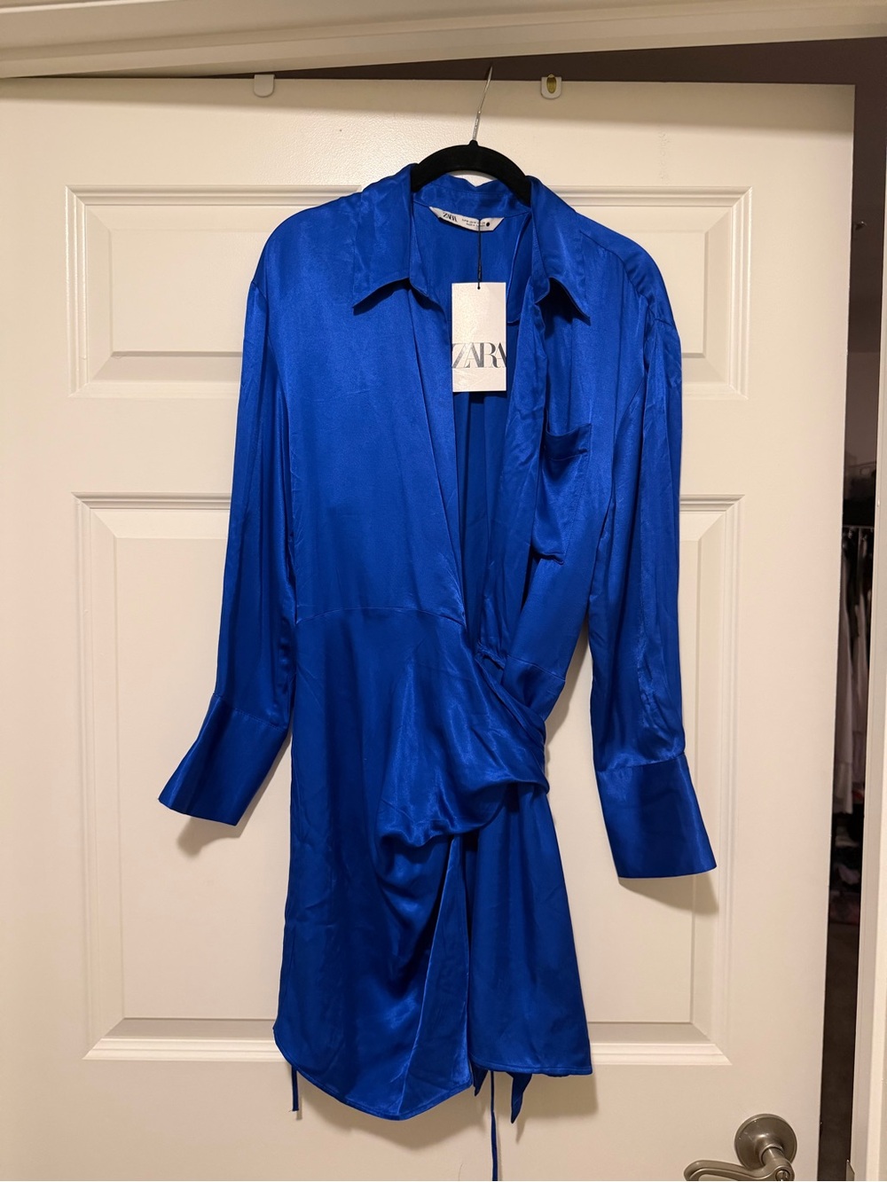 Zara Satin Wrap Shirt Dress in Cobalt Blue